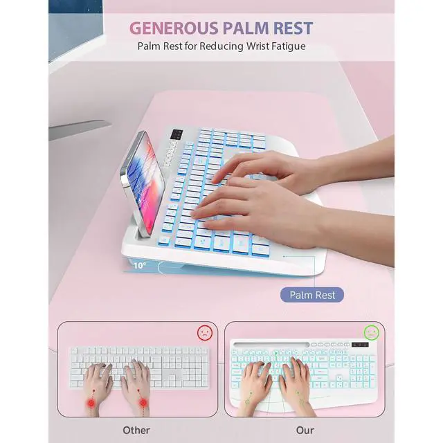 Alt view image 3 of 6 - Eyesoul Wireless Keyboard with 7 Colored Backlits, Phone Holder, Wrist Rest, Rechargeable Ergonomic Keyboard with Silent Light Up Keys, Cordless Computer Keyboard for Windows, Mac, Laptop - (White)