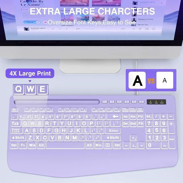 Alt view image 2 of 6 - Eyesoul Large Print Backlit Computer Keyboards, Wired Lighted USB Keyboards with 7-Color Backlit, Wrist Rest, Phone Holder, Easy to Read and Type for Laptop, PC, Windows, Desktop (Purple)