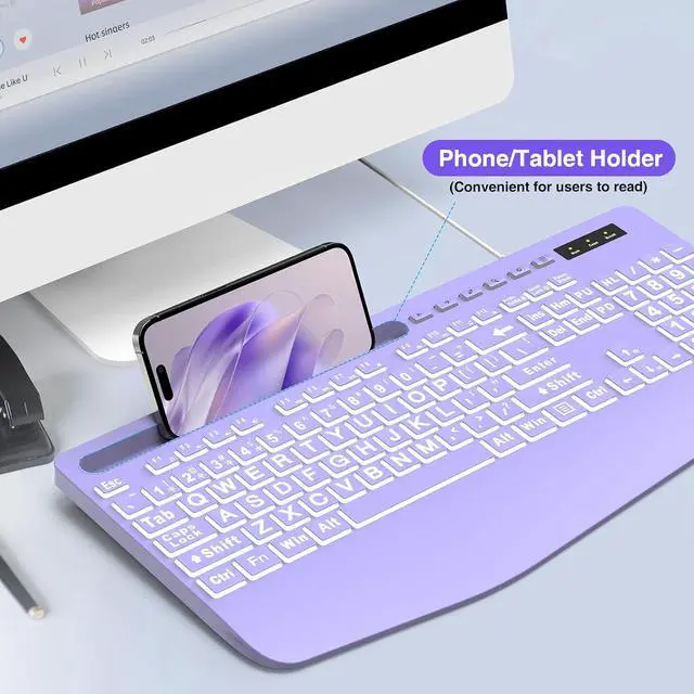 Alt view image 5 of 6 - Eyesoul Large Print Backlit Computer Keyboards, Wired Lighted USB Keyboards with 7-Color Backlit, Wrist Rest, Phone Holder, Easy to Read and Type for Laptop, PC, Windows, Desktop (Purple)