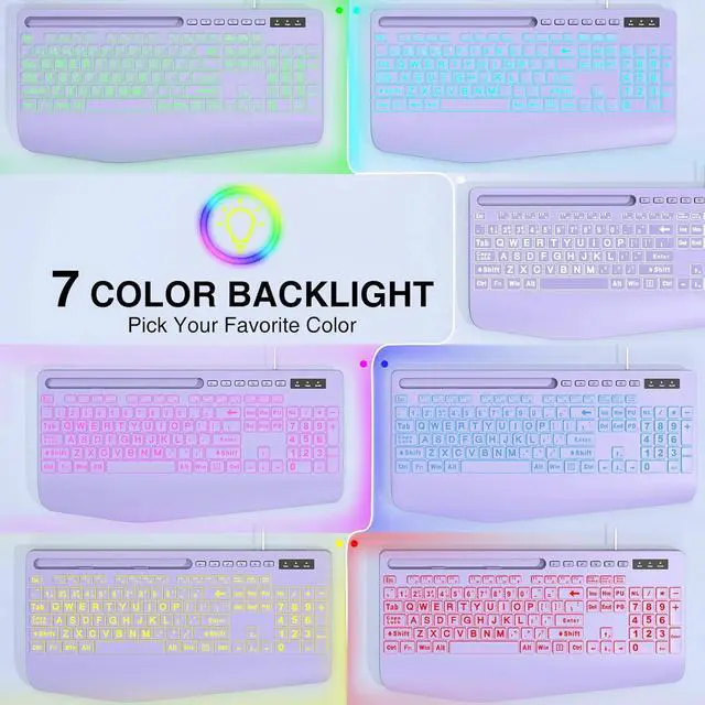 Alt view image 6 of 6 - Eyesoul Large Print Backlit Computer Keyboards, Wired Lighted USB Keyboards with 7-Color Backlit, Wrist Rest, Phone Holder, Easy to Read and Type for Laptop, PC, Windows, Desktop (Purple)