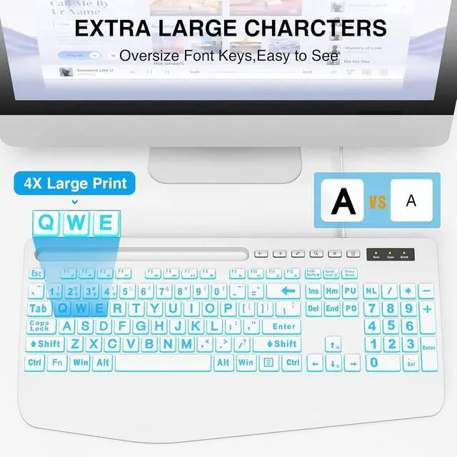 Alt view image 2 of 6 - Eyesoul Large Print Backlit Computer Keyboards, Wired Lighted USB Keyboards with 7-Color Backlit, Wrist Rest, Phone Holder, Easy to Read and Type for Laptop, PC, Windows, Desktop (White)