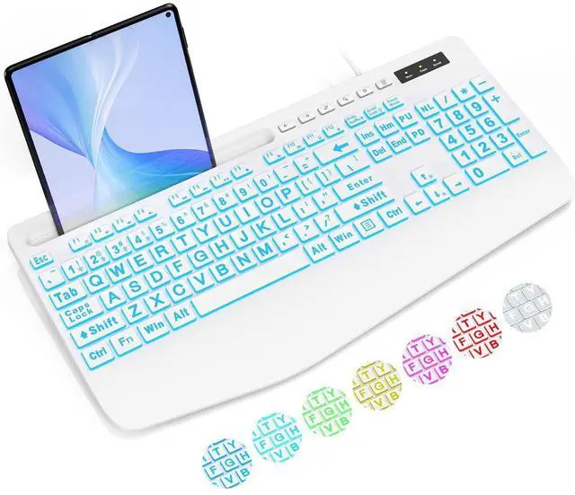 Main image of Eyesoul Large Print Backlit Computer Keyboards, Wired Lighted USB Keyboards with 7-Color Backlit, Wrist Rest, Phone Holder, Easy to Read and Type for Laptop, PC, Windows, Desktop (White)