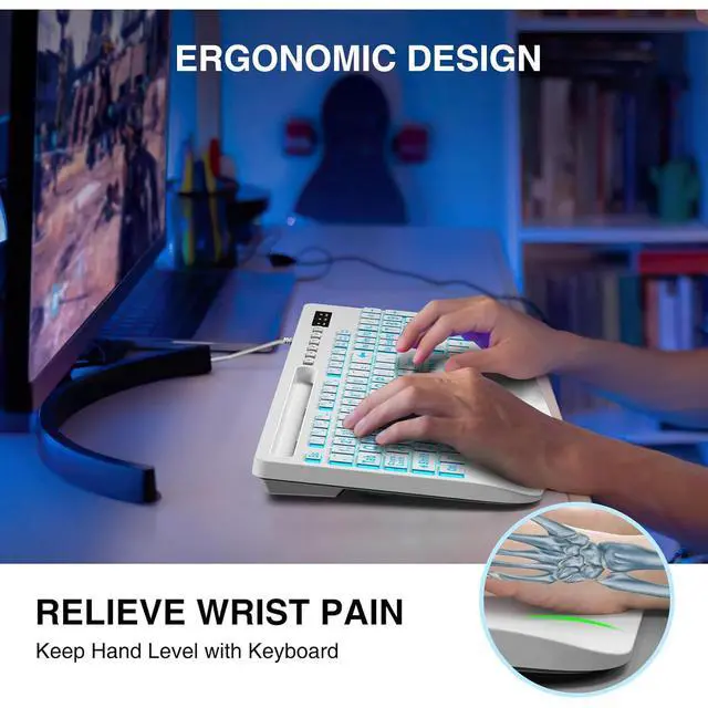 Alt view image 3 of 6 - Eyesoul Large Print Backlit Computer Keyboards, Wired Lighted USB Keyboards with 7-Color Backlit, Wrist Rest, Phone Holder, Easy to Read and Type for Laptop, PC, Windows, Desktop (White)