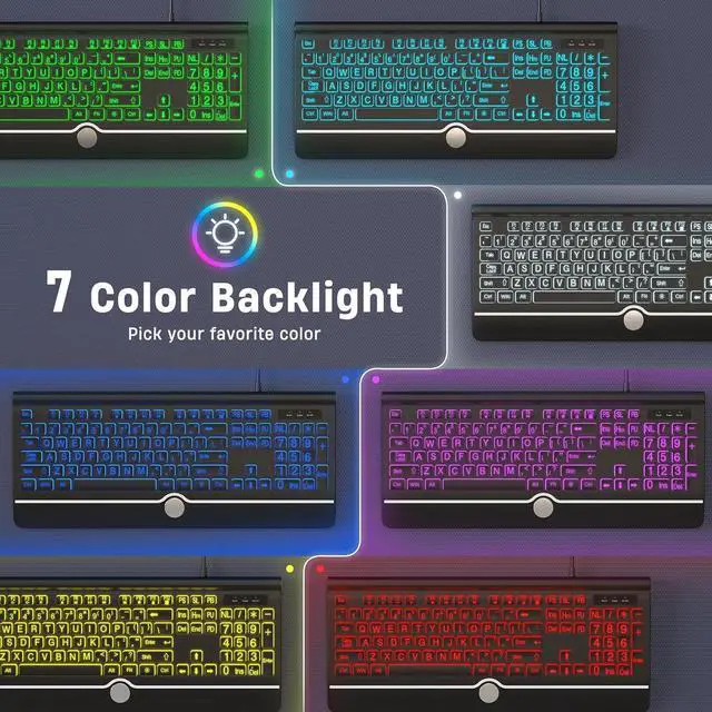 Alt view image 3 of 6 - Eyesoul Large Print Backlit Computer Keyboard, USB Full Size Wired Keyboards with 7-Colors Backlight, Wrist Rest, Light Up Keyboard for Windows, PC, Laptop - Easy to See, Easy to Setup