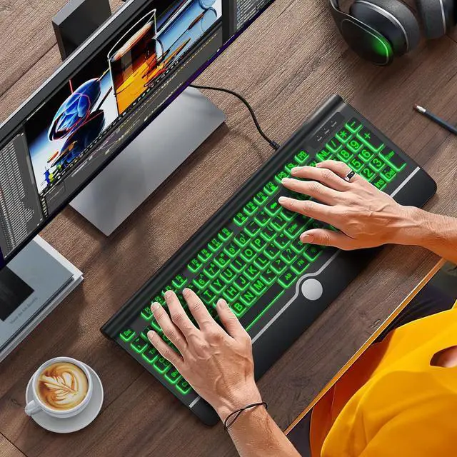 Alt view image 2 of 6 - Eyesoul Large Print Backlit Computer Keyboard, USB Full Size Wired Keyboards with 7-Colors Backlight, Wrist Rest, Light Up Keyboard for Windows, PC, Laptop - Easy to See, Easy to Setup