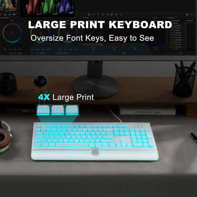 Alt view image 3 of 6 - Eyesoul Large Print Backlit Computer Keyboard, USB Full Size Wired Keyboards with 7-Colors Backlight, Wrist Rest, Light Up Keyboard for Windows, PC, Laptop - Easy to See, Easy to Setup