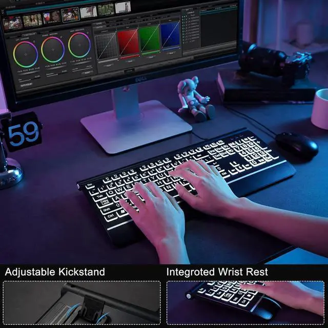 Alt view image 6 of 6 - Eyesoul Large Print Backlit Computer Keyboard, USB Full Size Wired Keyboards with 7-Colors Backlight, Wrist Rest, Light Up Keyboard for Windows, PC, Laptop - Easy to See, Easy to Setup
