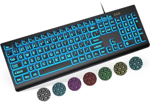 Main image of Eyesoul Large Print Backlit Keyboard, Wired USB Lighted Computer Keyboards with 7-Color & 4 Modes Backlit, Oversize Letters Keys Easy to See and Type, Keyboard Compatible for PC, Laptop