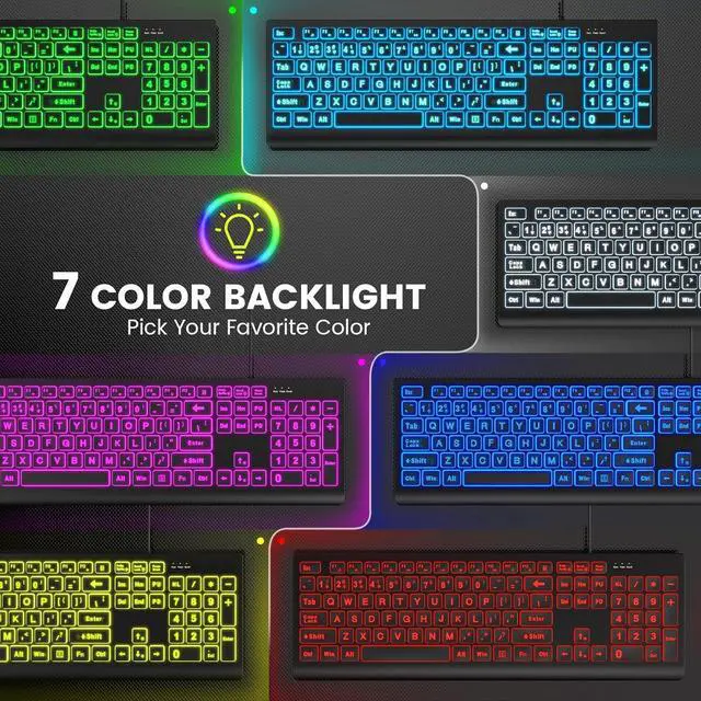 Alt view image 2 of 6 - Eyesoul Large Print Backlit Keyboard, Wired USB Lighted Computer Keyboards with 7-Color & 4 Modes Backlit, Oversize Letters Keys Easy to See and Type, Keyboard Compatible for PC, Laptop