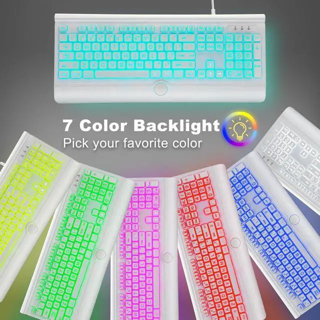 Alt view image 2 of 6 - Eyesoul Large Print Backlit Computer Keyboard, USB Full Size Wired Keyboards with 7-Colors Backlight, Wrist Rest, Light Up Keyboard for Windows, PC, Laptop - Easy to See, Easy to Setup