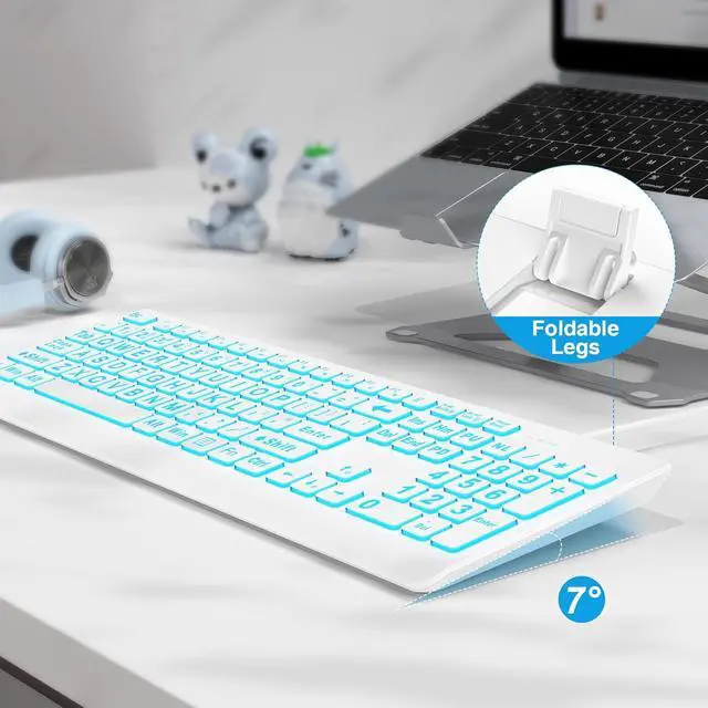 Alt view image 3 of 6 - Eyesoul Large Print Backlit Keyboard, Wired USB Lighted Computer Keyboards with 7-Color & 4 Modes Backlit, Oversize Letters Keys Easy to See and Type, Quiet Keyboard Compatible for PC, Laptop (White)