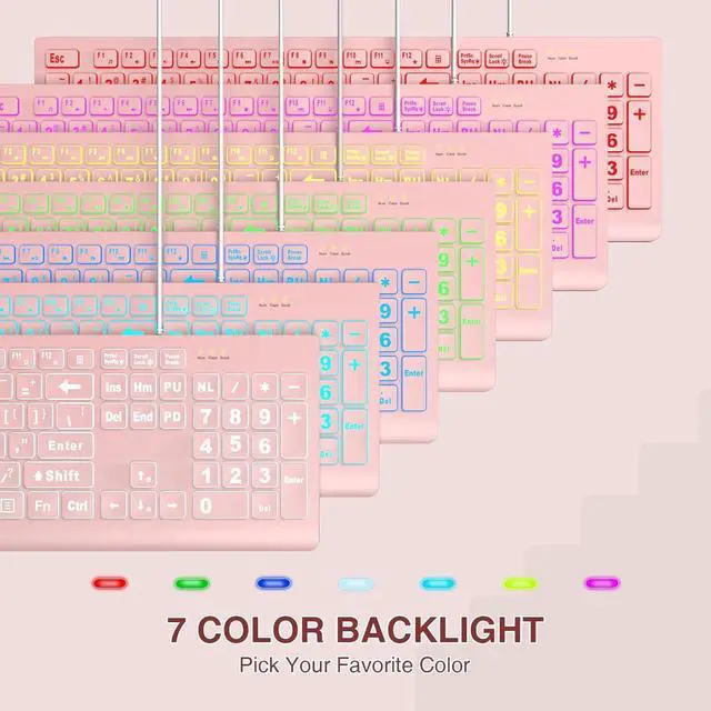 Alt view image 4 of 6 - Eyesoul Large Print Backlit Keyboard, Wired USB Lighted Computer Keyboards with 7-Color & 4 Modes Backlit, Oversize Letters Keys Easy to See and Type, Quiet Keyboard Compatible for PC, Laptop -Pink