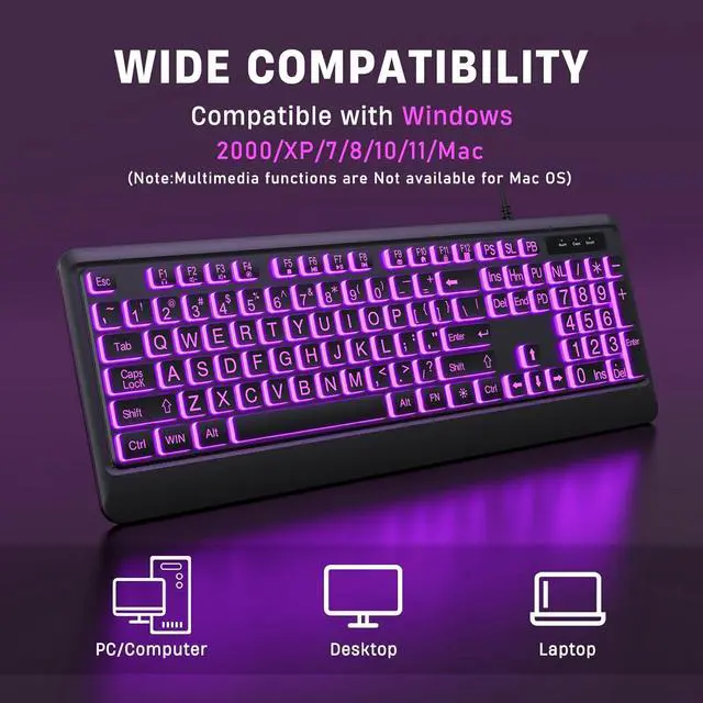Alt view image 4 of 6 - Eyesoul Large Print Keyboard - 7 Interchangeable Backlight Colors, Light Up USB Wired Computer Keyboards, USB Plug-and-Play, Foldable Stands, Corded Full Size Keyboard for Windows, PC, Laptop