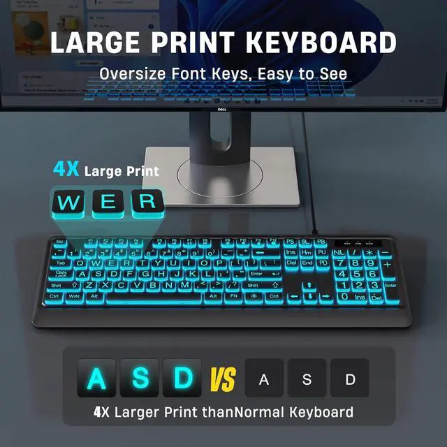 Alt view image 3 of 6 - Eyesoul Large Print Keyboard - 7 Interchangeable Backlight Colors, Light Up USB Wired Computer Keyboards, USB Plug-and-Play, Foldable Stands, Corded Full Size Keyboard for Windows, PC, Laptop