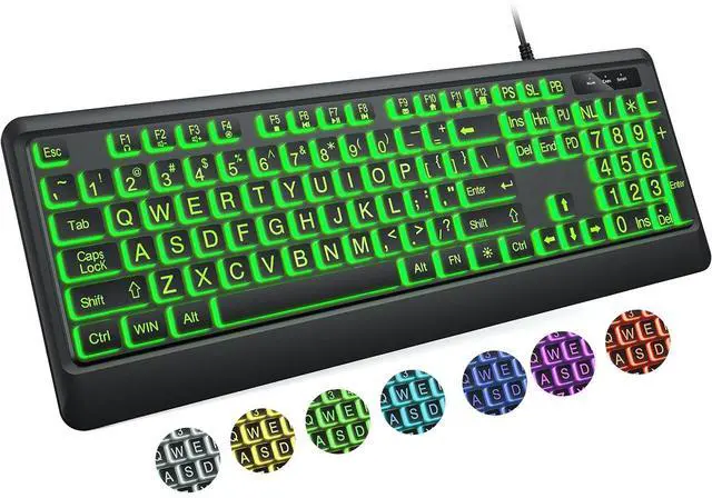 Main image of Eyesoul Large Print Keyboard - 7 Interchangeable Backlight Colors, Light Up USB Wired Computer Keyboards, USB Plug-and-Play, Foldable Stands, Corded Full Size Keyboard for Windows, PC, Laptop