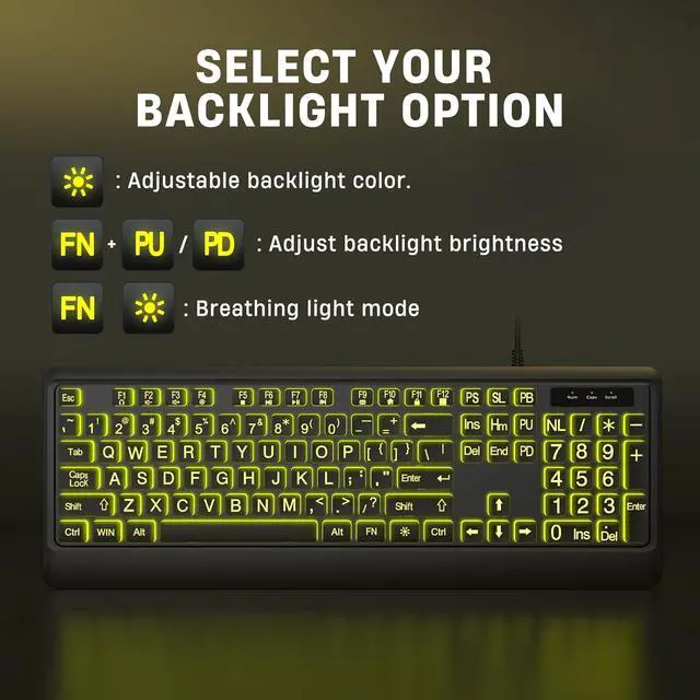 Alt view image 5 of 6 - Eyesoul Large Print Keyboard - 7 Interchangeable Backlight Colors, Light Up USB Wired Computer Keyboards, USB Plug-and-Play, Foldable Stands, Corded Full Size Keyboard for Windows, PC, Laptop