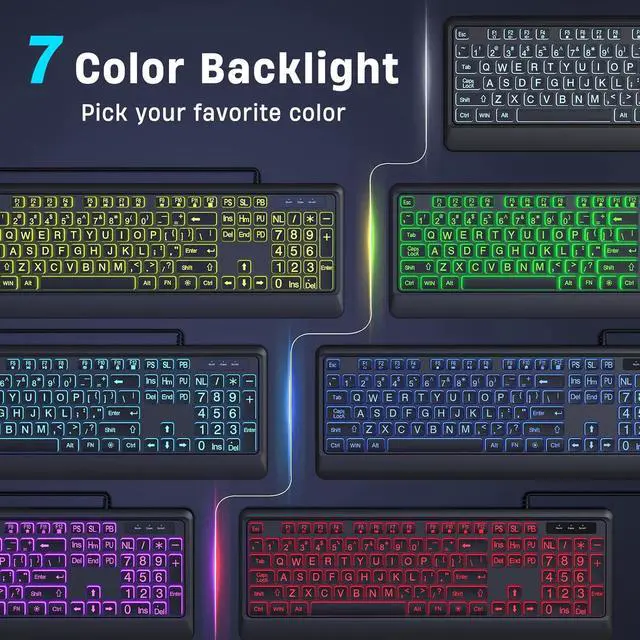 Alt view image 2 of 6 - Eyesoul Large Print Keyboard - 7 Interchangeable Backlight Colors, Light Up USB Wired Computer Keyboards, USB Plug-and-Play, Foldable Stands, Corded Full Size Keyboard for Windows, PC, Laptop