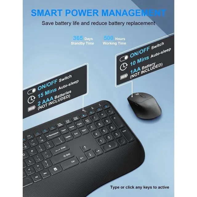 Alt view image 2 of 6 - Eyesoul Wireless Keyboard and Mouse Combo, Full-Sized 2.4GHz Comfortable Palm Rest and Optical Wireless Mouse for Windows, Mac OS PC/Desktops/Computer/Laptops(Carbon Black)
