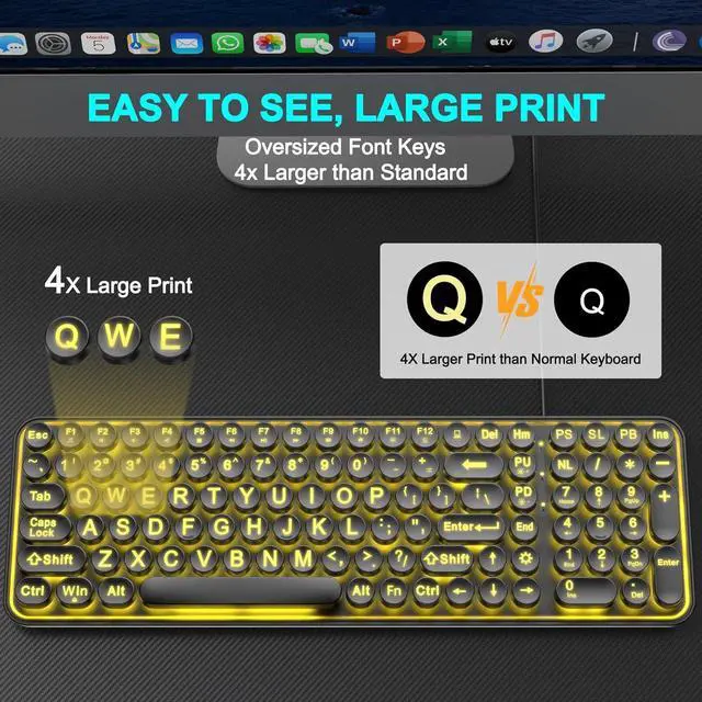 Alt view image 2 of 6 - Eyesoul Large Print Backlit Keyboard, Wired USB Lighted Computer Keyboards with 7-Color Backlit, Oversized Print Letters, Quiet Typewriter Keyboard with Retro Round Keycaps for Windows PC, Laptop
