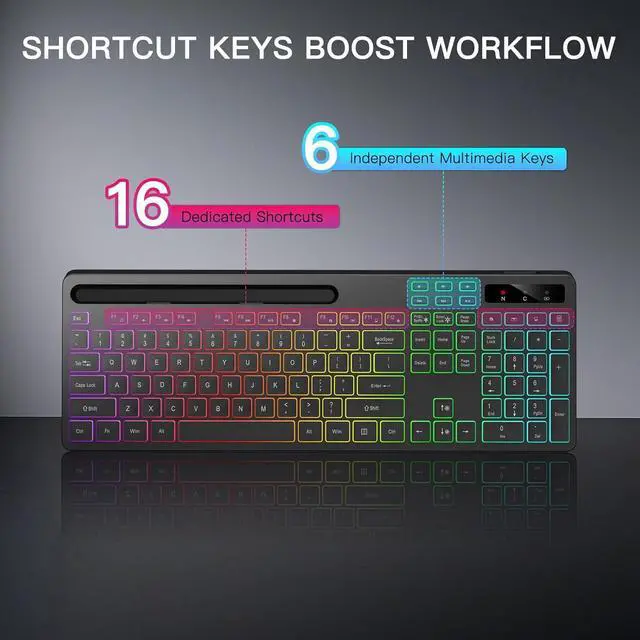Alt view image 3 of 6 - Eyesoul Wireless Keyboard with 7 Colors & 4 Modes RGB Backlit, Ergonomic Keyboard with Wrist Rest, Phone Tablet Holder, 2.4G Light Up Computer Keyboard with Numeric Keypad for Mac, Windows