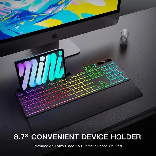 Alt view image 2 of 6 - Eyesoul Wireless Keyboard with 7 Colors & 4 Modes RGB Backlit, Ergonomic Keyboard with Wrist Rest, Phone Tablet Holder, 2.4G Light Up Computer Keyboard with Numeric Keypad for Mac, Windows