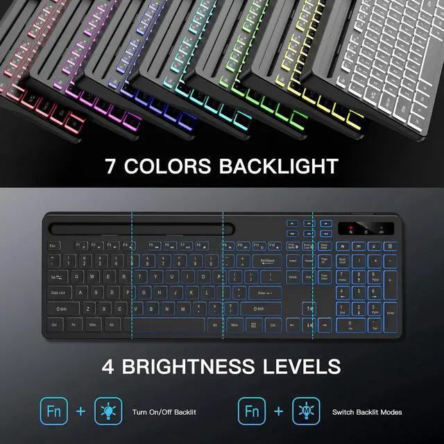 Alt view image 5 of 6 - Eyesoul Wireless Keyboard with 7 Colors & 4 Modes RGB Backlit, Ergonomic Keyboard with Wrist Rest, Phone Tablet Holder, 2.4G Light Up Computer Keyboard with Numeric Keypad for Mac, Windows