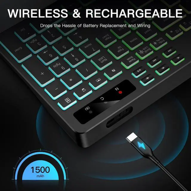 Alt view image 6 of 6 - Eyesoul Wireless Keyboard with 7 Colors & 4 Modes RGB Backlit, Ergonomic Keyboard with Wrist Rest, Phone Tablet Holder, 2.4G Light Up Computer Keyboard with Numeric Keypad for Mac, Windows