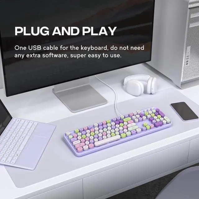 Alt view image 2 of 6 - Eyesoul Computer Keyboard Wired, Plug and Play USB Retro Round Typewriter Keyboard, Full Size Wired Keyboard with Foldable Stands for Laptop and Office PC- Purple Colorful