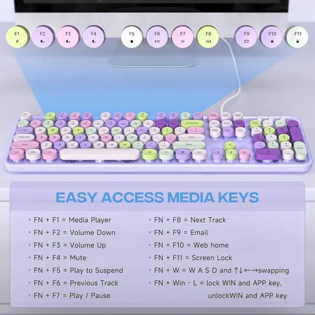 Alt view image 5 of 6 - Eyesoul Computer Keyboard Wired, Plug and Play USB Retro Round Typewriter Keyboard, Full Size Wired Keyboard with Foldable Stands for Laptop and Office PC- Purple Colorful
