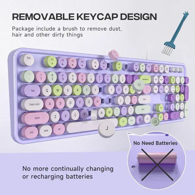 Alt view image 6 of 6 - Eyesoul Computer Keyboard Wired, Plug and Play USB Retro Round Typewriter Keyboard, Full Size Wired Keyboard with Foldable Stands for Laptop and Office PC- Purple Colorful