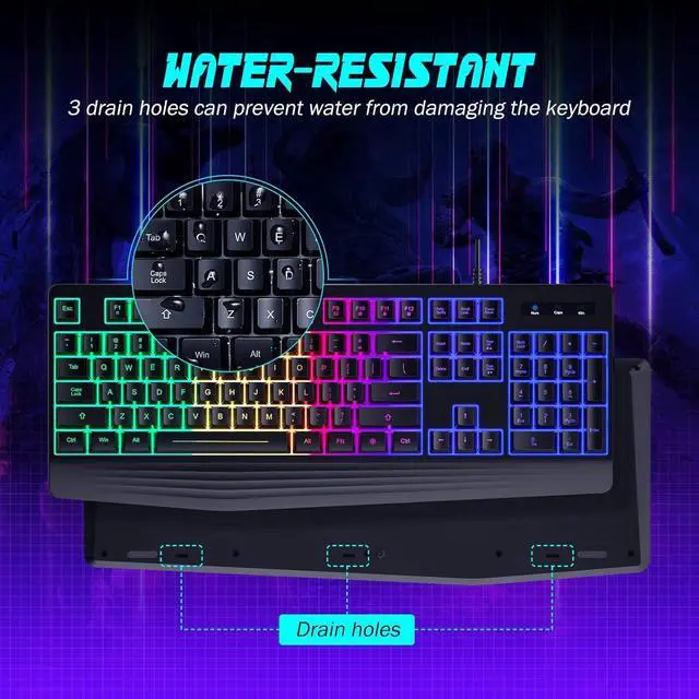Alt view image 6 of 6 - Eyesoul Gaming Keyboard, 7-Color Rainbow LED Backlit, 104 Keys Quiet Light Up Keyboard, Wrist Rest, Whisper Silent, Anti-ghosting Multimedia Keys, Waterproof USB Wired Keyboard for PC Mac Xbox