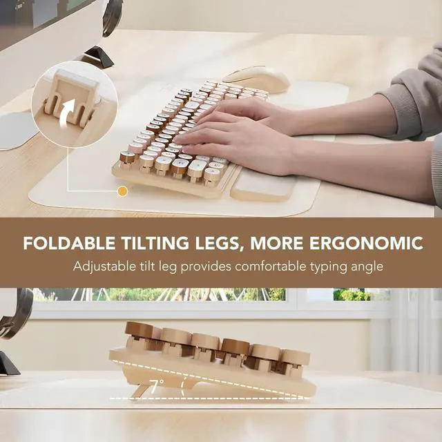 Alt view image 3 of 6 - Eyesoul Wireless Keyboard and Mouse Combo, Round Keycaps, Full-Size Retro Typewriter Keyboard with Detachable Wrist Rest, Sleep Mode & Tilt Legs, 2.4GHz Cordless Connection for Mac/Windows/PC (Latte)