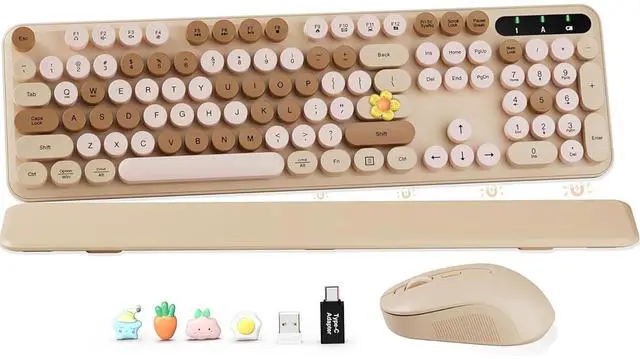 Main image of Eyesoul Wireless Keyboard and Mouse Combo, Round Keycaps, Full-Size Retro Typewriter Keyboard with Detachable Wrist Rest, Sleep Mode & Tilt Legs, 2.4GHz Cordless Connection for Mac/Windows/PC (Latte)