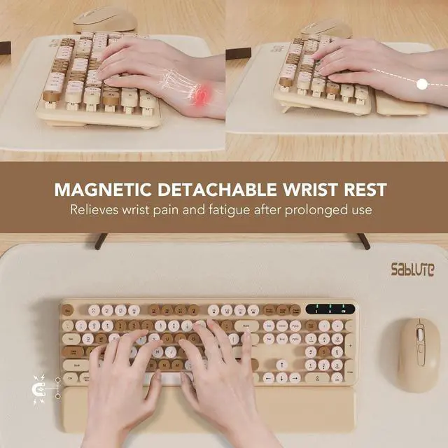 Alt view image 2 of 6 - Eyesoul Wireless Keyboard and Mouse Combo, Round Keycaps, Full-Size Retro Typewriter Keyboard with Detachable Wrist Rest, Sleep Mode & Tilt Legs, 2.4GHz Cordless Connection for Mac/Windows/PC (Latte)