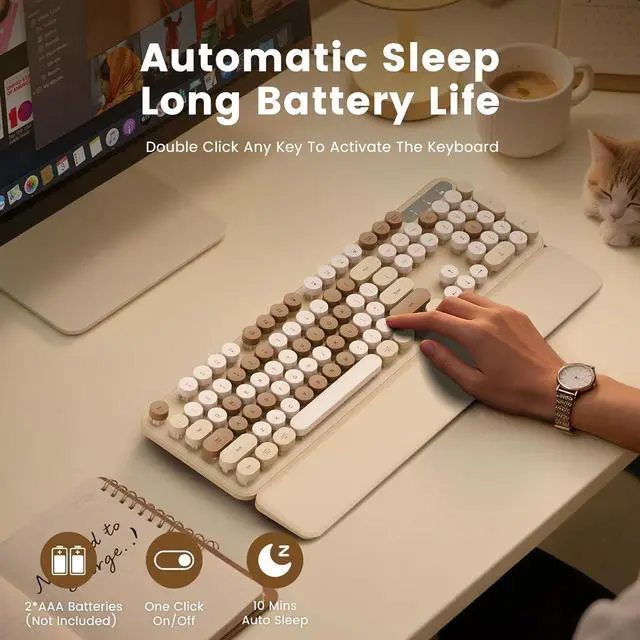 Alt view image 4 of 6 - Eyesoul Wireless Keyboard, Round Keycaps, Retro Typewriter Keyboard with Detachable Wrist Rest, Sleep Mode, Foldable Legs, 2.4GHz Full-Size Cordless Computer Keyboard for Windows/PC/Laptop (Latte)