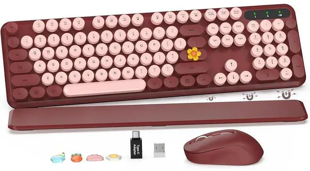 Main image of Eyesoul Wireless Keyboard and Mouse Combo - Retro Keyboard with Round Keycaps, Full-Size Typewriter Keyboard with Detachable Wrist Rest, 2.4GHz Connection for Mac/Windows/PC (Wine Red)