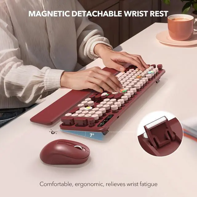 Alt view image 2 of 6 - Eyesoul Wireless Keyboard and Mouse Combo - Retro Keyboard with Round Keycaps, Full-Size Typewriter Keyboard with Detachable Wrist Rest, 2.4GHz Connection for Mac/Windows/PC (Wine Red)