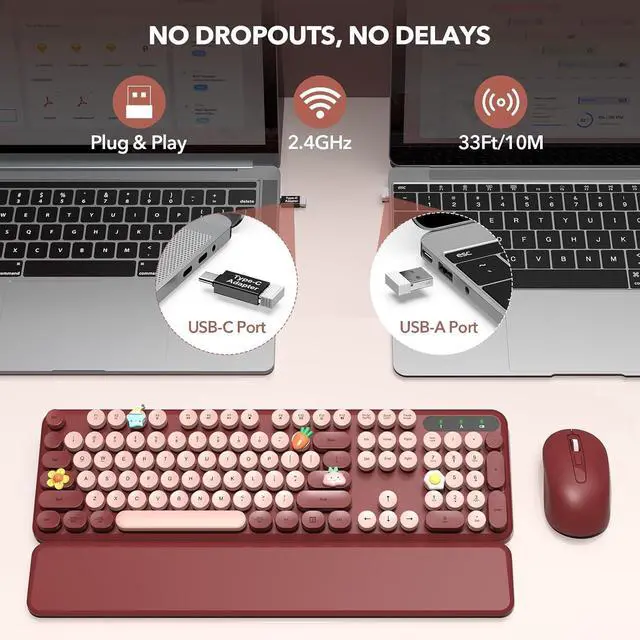 Alt view image 6 of 6 - Eyesoul Wireless Keyboard and Mouse Combo - Retro Keyboard with Round Keycaps, Full-Size Typewriter Keyboard with Detachable Wrist Rest, 2.4GHz Connection for Mac/Windows/PC (Wine Red)