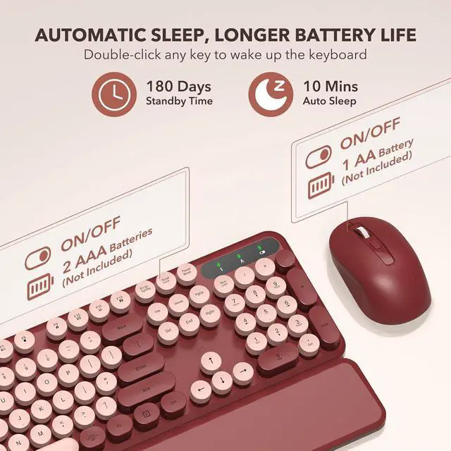 Alt view image 4 of 6 - Eyesoul Wireless Keyboard and Mouse Combo - Retro Keyboard with Round Keycaps, Full-Size Typewriter Keyboard with Detachable Wrist Rest, 2.4GHz Connection for Mac/Windows/PC (Wine Red)