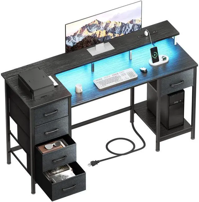 Main image of 47 Inch Computer Gaming Desk with Power Outlets & LED Lights Reversible Home Office Desk with Adjustable 5 Fabric Storage Drawers for Working Writing Study, Black