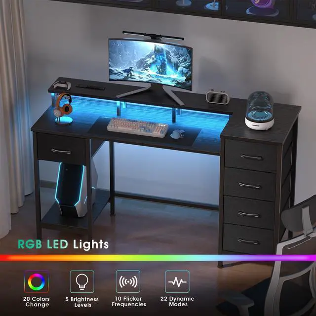Alt view image 5 of 7 - 47 Inch Computer Gaming Desk with Power Outlets & LED Lights Reversible Home Office Desk with Adjustable 5 Fabric Storage Drawers for Working Writing Study, Black