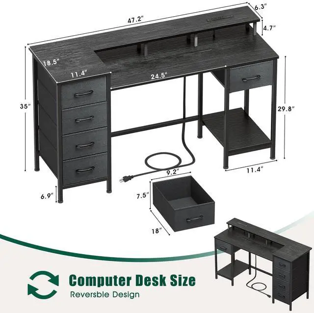 Alt view image 2 of 7 - 47 Inch Computer Gaming Desk with Power Outlets & LED Lights Reversible Home Office Desk with Adjustable 5 Fabric Storage Drawers for Working Writing Study, Black