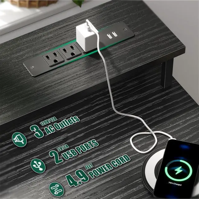 Alt view image 3 of 7 - 47 Inch Computer Gaming Desk with Power Outlets & LED Lights Reversible Home Office Desk with Adjustable 5 Fabric Storage Drawers for Working Writing Study, Black
