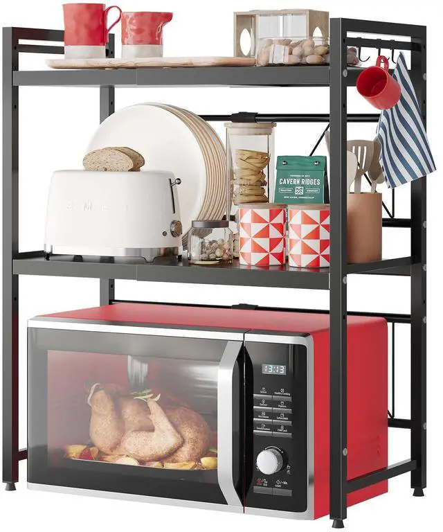 Main image of Expandable Microwave Stand,3 Tier Metal Kitchen Countertop Organizer Shelves with 8 Hooks,Bakers Rack,Microwave Shelf,Microwave Oven Rack,110lbs Weight Capacity