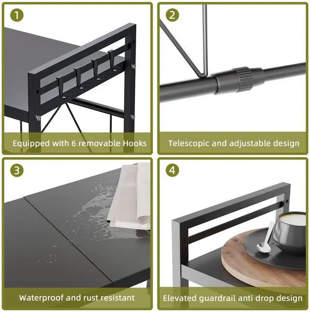 Alt view image 3 of 7 - Expandable Microwave Stand,3 Tier Metal Kitchen Countertop Organizer Shelves with 8 Hooks,Bakers Rack,Microwave Shelf,Microwave Oven Rack,110lbs Weight Capacity
