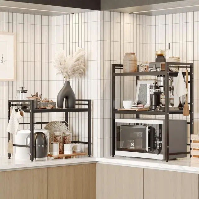 Alt view image 5 of 7 - Expandable Microwave Stand,3 Tier Metal Kitchen Countertop Organizer Shelves with 8 Hooks,Bakers Rack,Microwave Shelf,Microwave Oven Rack,110lbs Weight Capacity