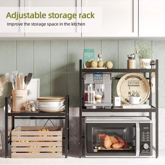 Alt view image 4 of 7 - Expandable Microwave Stand,3 Tier Metal Kitchen Countertop Organizer Shelves with 8 Hooks,Bakers Rack,Microwave Shelf,Microwave Oven Rack,110lbs Weight Capacity