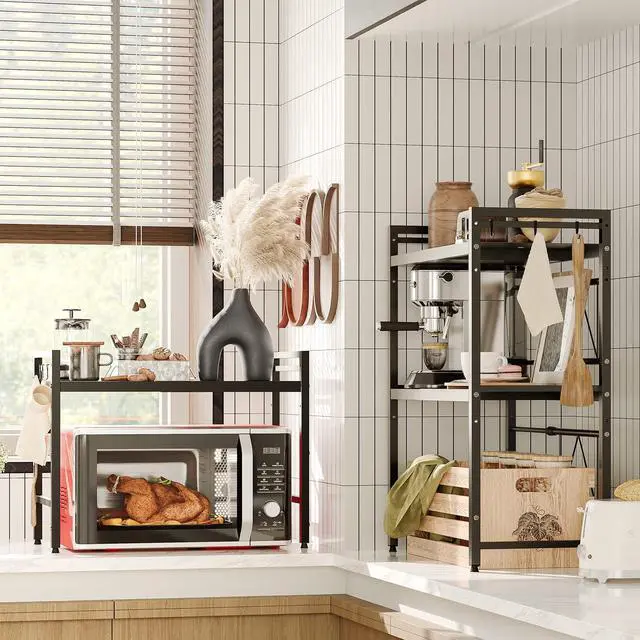 Alt view image 7 of 7 - Expandable Microwave Stand,3 Tier Metal Kitchen Countertop Organizer Shelves with 8 Hooks,Bakers Rack,Microwave Shelf,Microwave Oven Rack,110lbs Weight Capacity