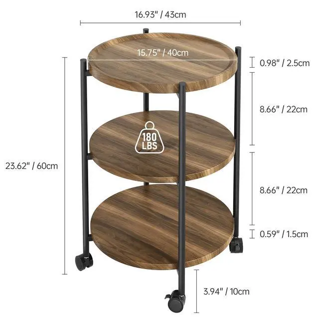 Alt view image 3 of 7 - Side Table, 3-Tier Modern End Table with Wheels, Small Round Nightstand Bedside Table for Living Room, Bedroom, or Small Spaces-Walnut