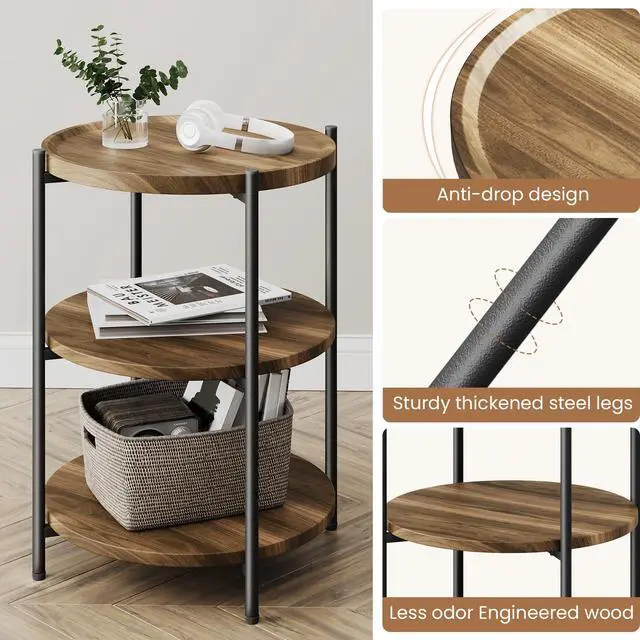 Alt view image 4 of 7 - Side Table, 3-Tier Modern End Table with Wheels, Small Round Nightstand Bedside Table for Living Room, Bedroom, or Small Spaces-Walnut